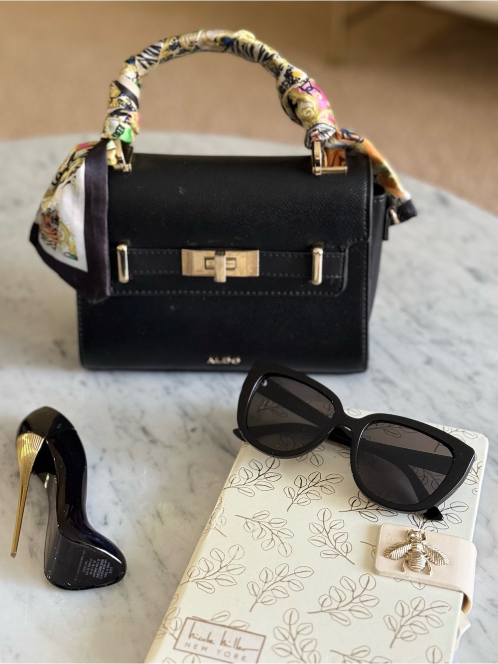 Aldo Black Top-Handle Satchel with Multicolor Scarf Wrap